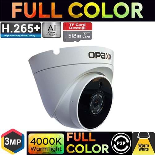 OPAX-2553 3MP IP TFT CARD DESTEĞİ H.265+ 3 WARM LIGHT FULL COLOR 3.6 MM METAL DOME CAMERA