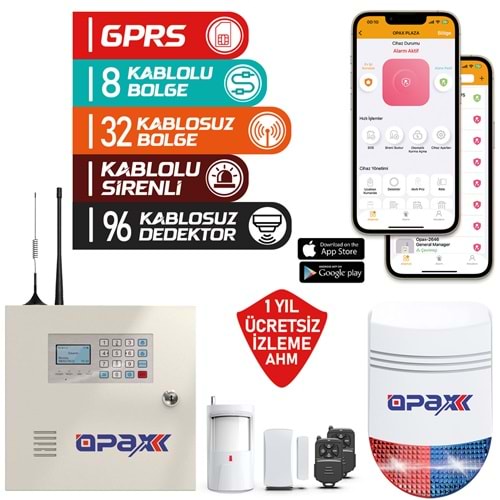 OPAX-2646+BGR-10+ AKÜ GPRS ALARM PANELİ & BGR-10 KABLOLU SİRENLİ FULL SET (1 YIL AHM ÜCRETSİZ)