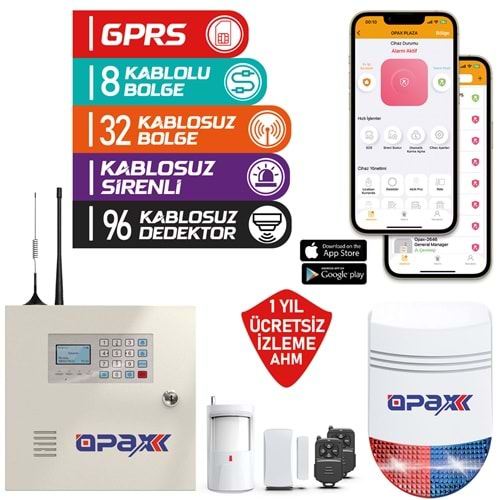 OPAX-2646+BGR-09+ AKÜ GPRS ALARM PANELİ & BGR-09 KABLOSUZ SİRENLİ FULL SET (1 YIL AHM ÜCRETSİZ)