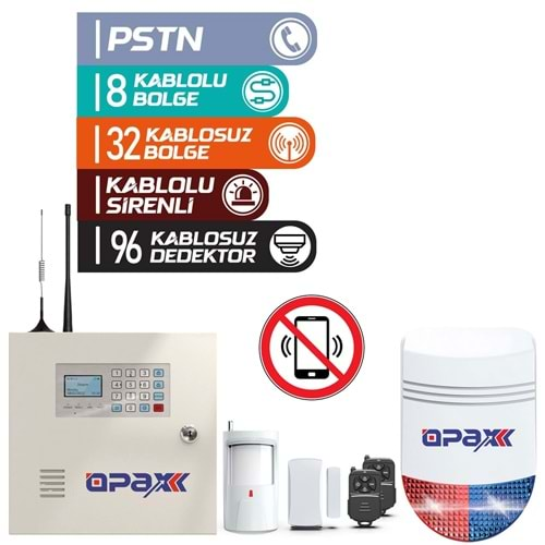 OPAX-2545+BGR-10+AKÜ PSTN PANEL & BGR-10 KABLOLU SİRENLİ FULL ALARM SETİ AKÜ DAHİL