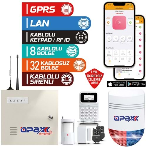 OPAX-2747+BGR-10+AKÜ GPRS&LAN ALARM PANELİ BGR-10 KABLOLU SİRENLİ FULL SET (1YIL AHM ÜCRETSİZ)