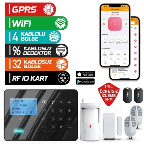 ARD-575 SİYAH GPRS I GSM I WİFİ KABLOLU & KABLOSUZ DOKUNMATİK ALARM SİSTEMİ (1 YIL AHM ÜCRETSİZ)
