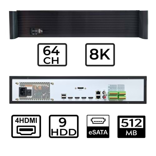 OPAX-64800 64 CH 9HDD 8K H.265+ 4 HDMI RAID DESTEKLİ 800MB BANDWITH NVR KAYIT CİHAZI