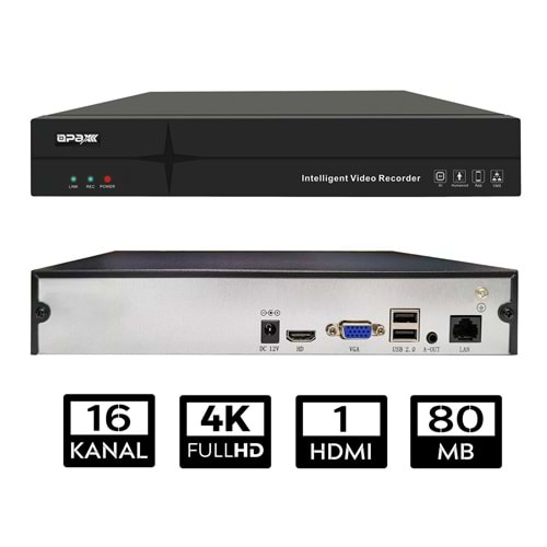 OPAX-16800 16 Kanal 4K VGA/HDMI H.265 16 KANAL SES 1 HDD NVR KAYIT CİHAZI