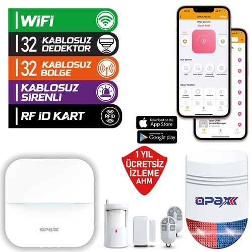 OPAX-W20-W-BEYAZ+BGR-O9 SADECE WİFİ & BGR-09 KABLOSUZ SİRENLİ ALARM SİSTEMİ (1 YIL AHM ÜCRETSİZ)