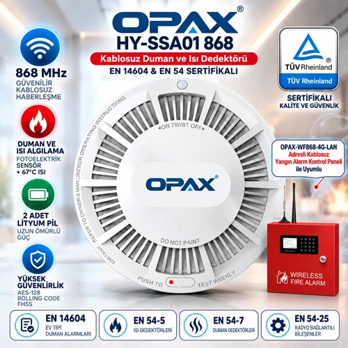 OPAX HY-SSA01 868 MHz Kablosuz Duman ve Isı Dedektörü | EN 14604 & EN 54