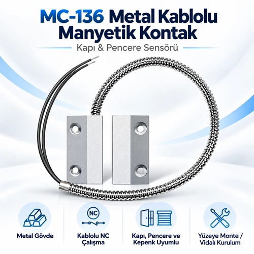 OPAX MC-136 Metal Kablolu Manyetik Kontak | Kapı Sensörü, Pencere Sensörü ve Kepenk Sensörü