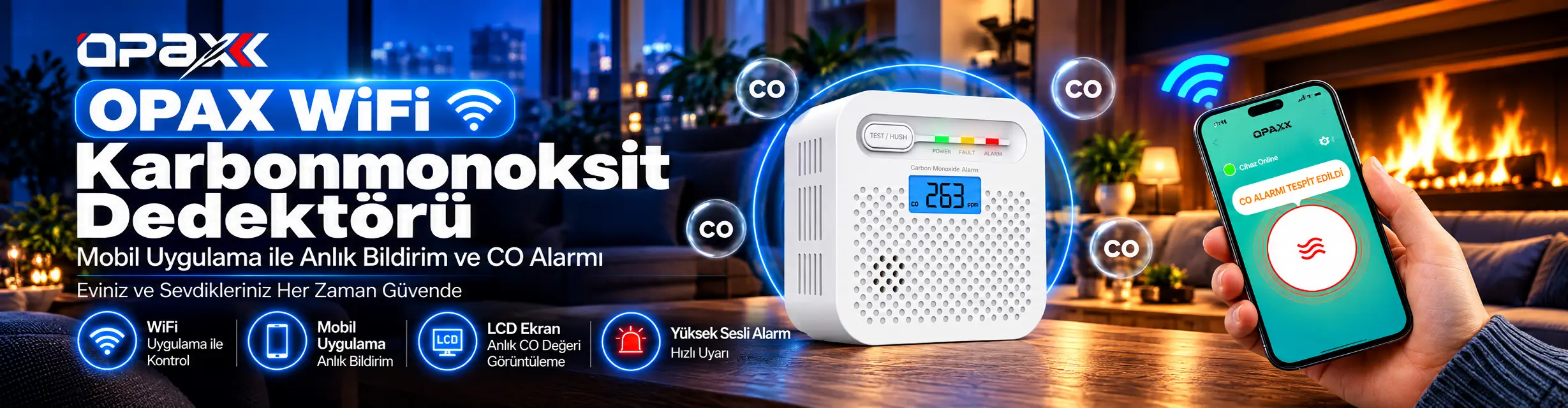 WiFi karbonmonoksit dedektörü; mobil uygulama bildirimi, LCD ekran, yüksek sesli CO alarmı ve 433 MHz RF bağlantı desteğiyle ev, ofis, kombi ve soba bulunan alanlarda karbonmonoksit tehlikesine karşı erken uyarı sağlar.