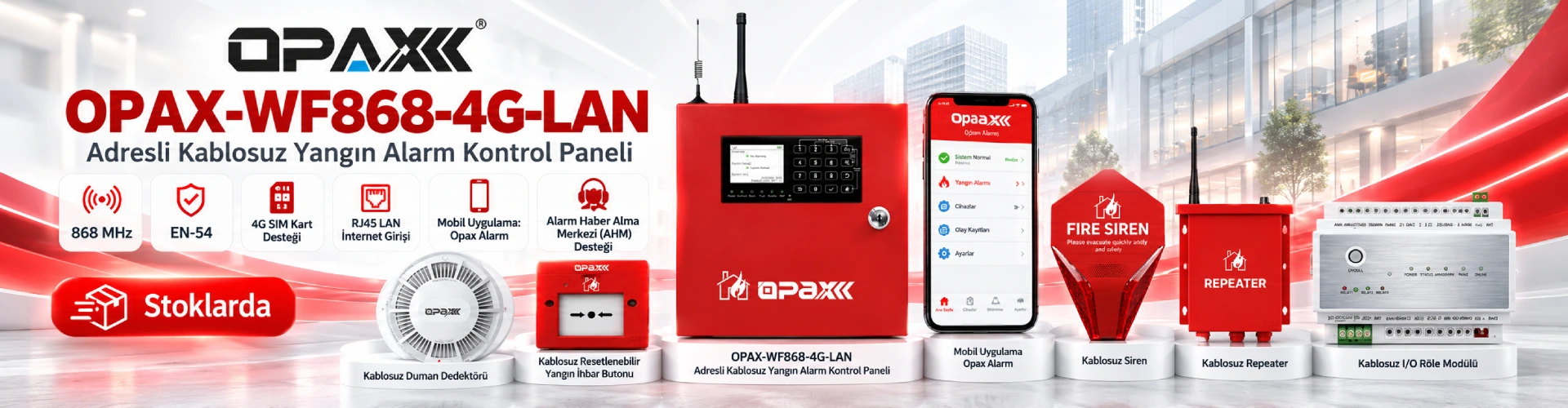 OPAX kablosuz yangın alarm sistemleri; 868 MHz kablosuz duman dedektörü, yangın ihbar butonu, siren, repeater ve röle modülü destekli 4G ve LAN bağlantılı yangın alarm çözümleri.