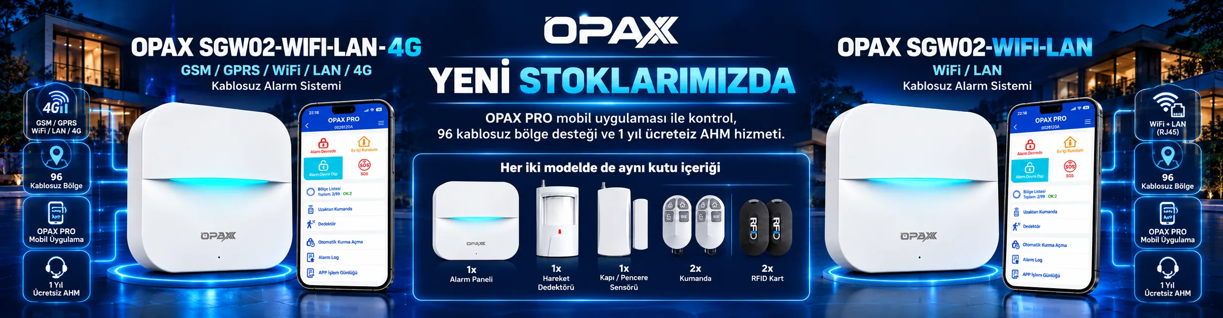 OPAX SGW02-WIFI-LAN ve OPAX SGW02-WIFI-LAN-4G kablosuz alarm sistemleri, 96 kablosuz bölge, OPAX PRO mobil uygulama desteği ve 1 yıl ücretsiz AHM hizmeti ile yeni stoklarda