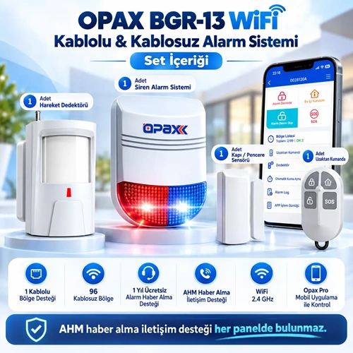 OPAX BGR-13 WiFi Kablolu & Kablosuz Alarm Sistemi – 96 Kablosuz Bölge, 1 Yıl Ücretsiz AHM